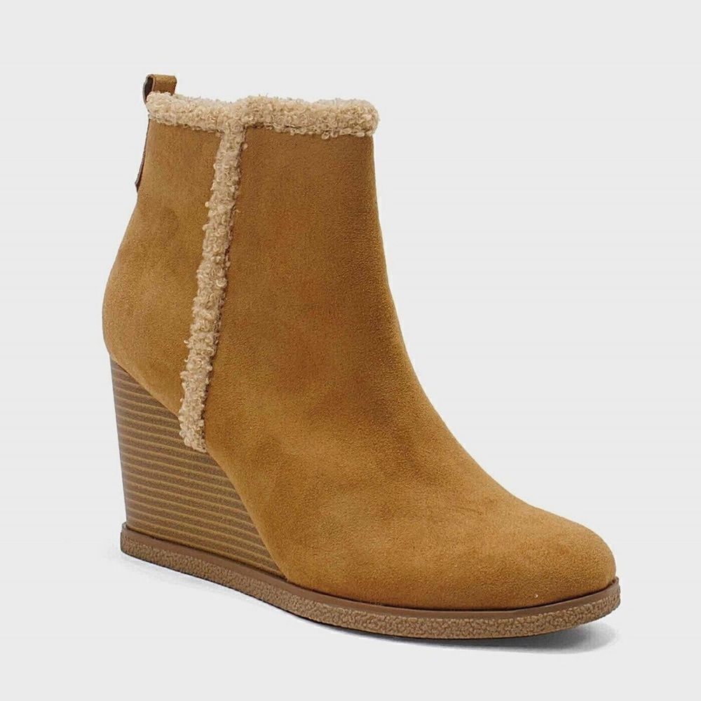 Women Sun + Stone Camillia Faux Suede Faux Fur HIgh Heel Wedge Booties